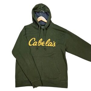 Cabela's‎ Hoodie Mens Medium Green Sweatshirt Classic Logo Pullover Fleece EUC